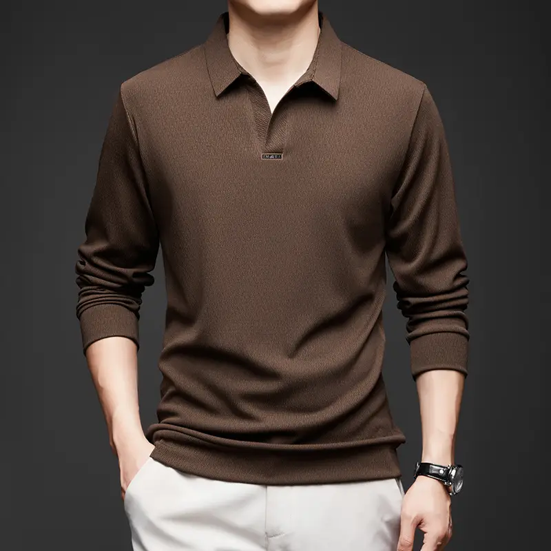 Men's Maroon Long Sleeve Polo Shirt Scissors Collar - Image 2