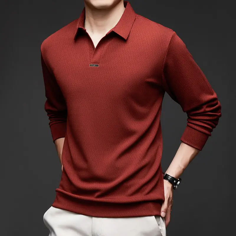 Men's Maroon Long Sleeve Polo Shirt Scissors Collar - Image 6