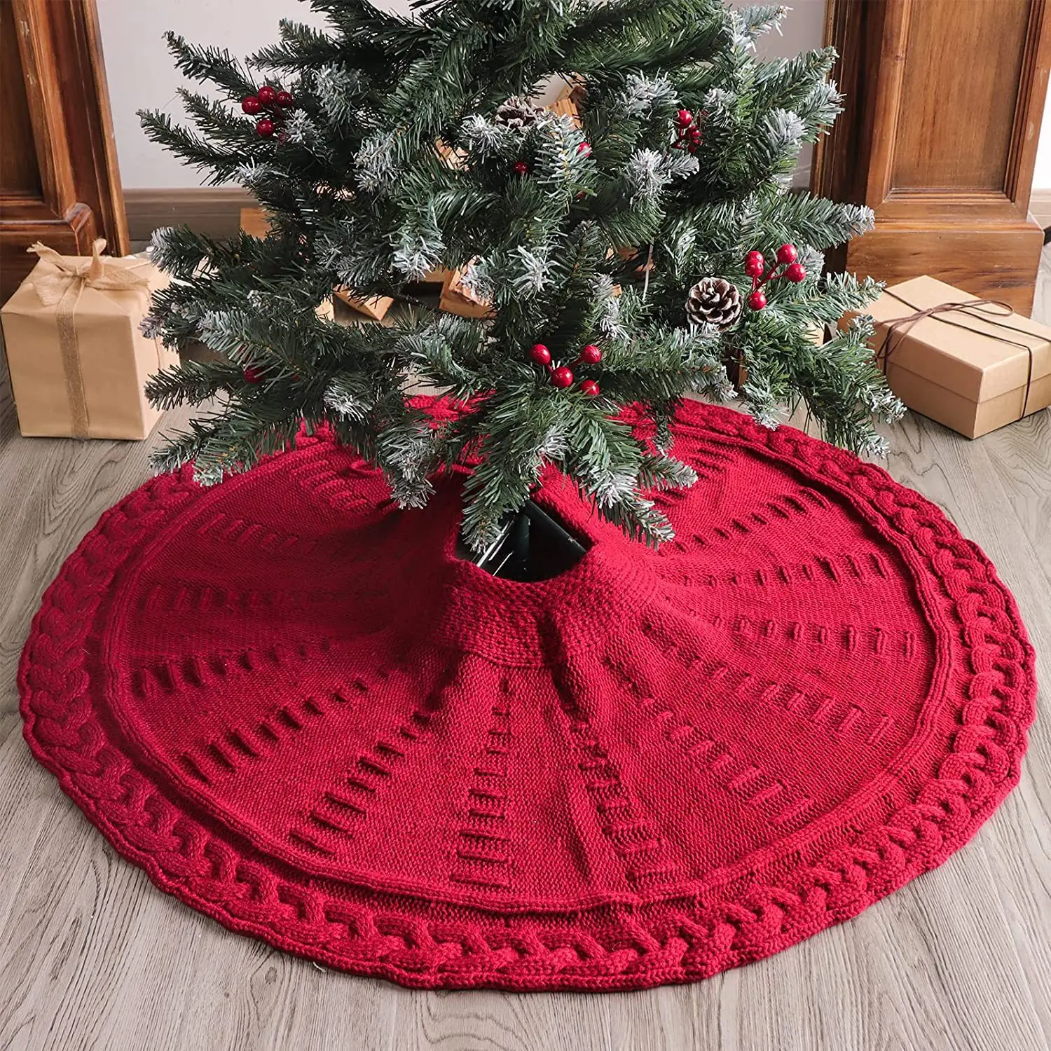 Red Knitted Christmas Tree Dress Apron with Laces — feature 3