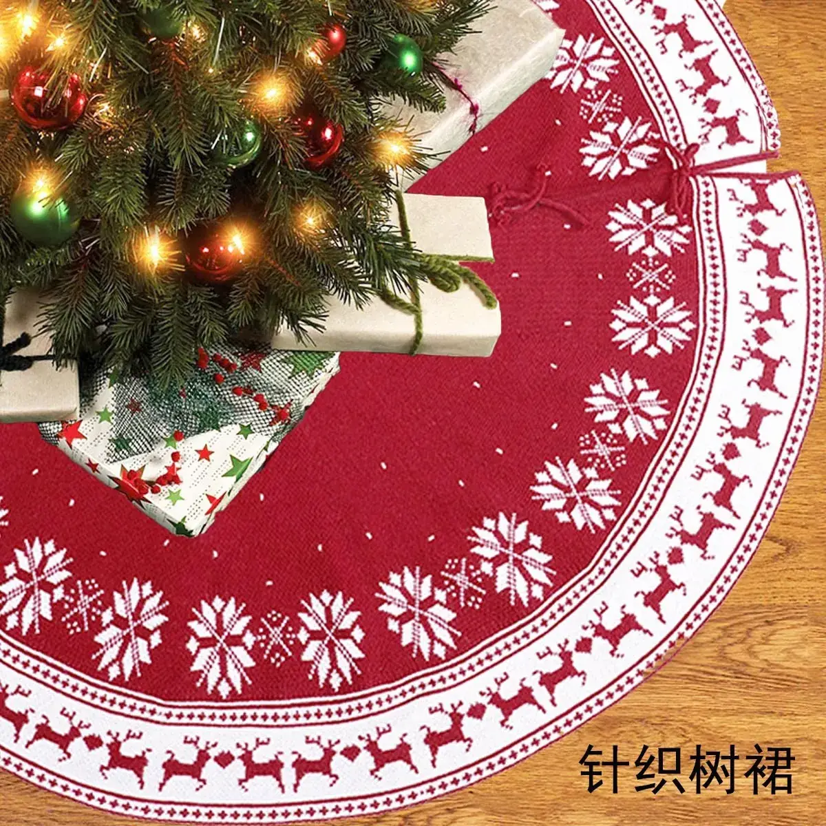 2024 Knitted Red Christmas Tree Skirt with Elk Design - Image 2