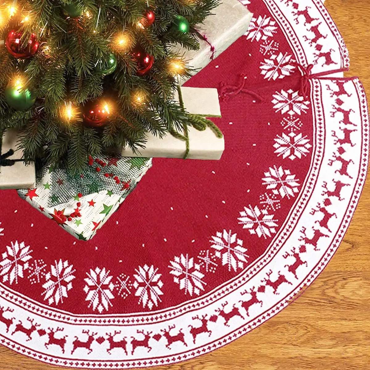 2024 Knitted Red Christmas Tree Skirt with Elk Design — feature 3