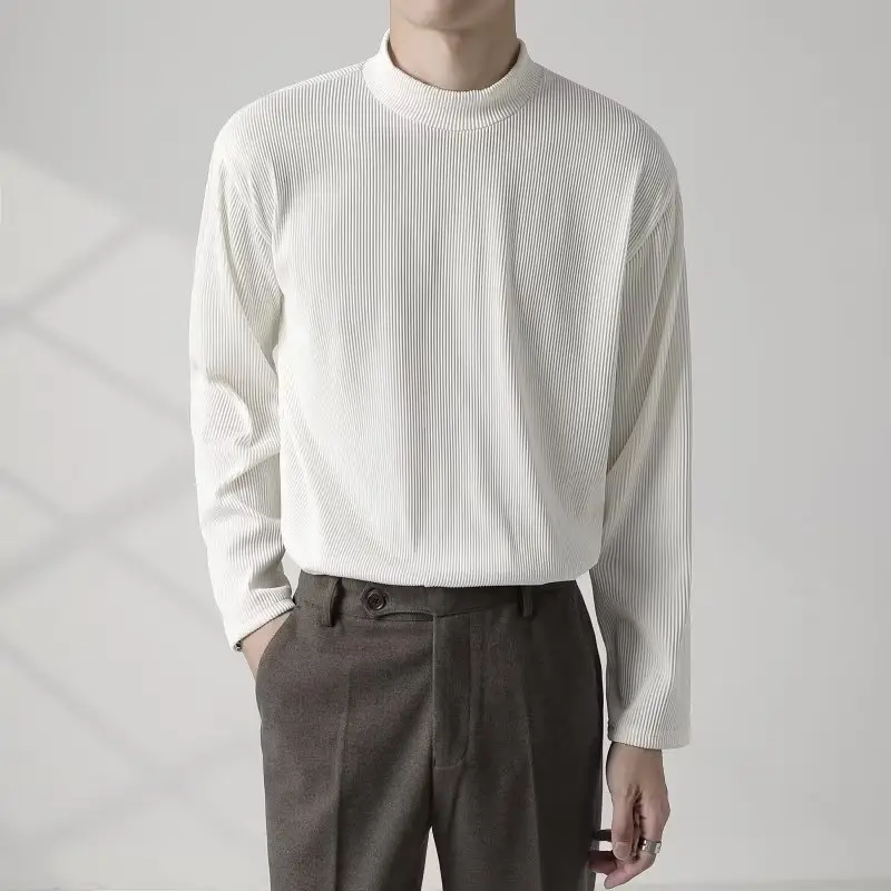 Men's White Long Sleeve Half Collar T-Shirt — feature 2