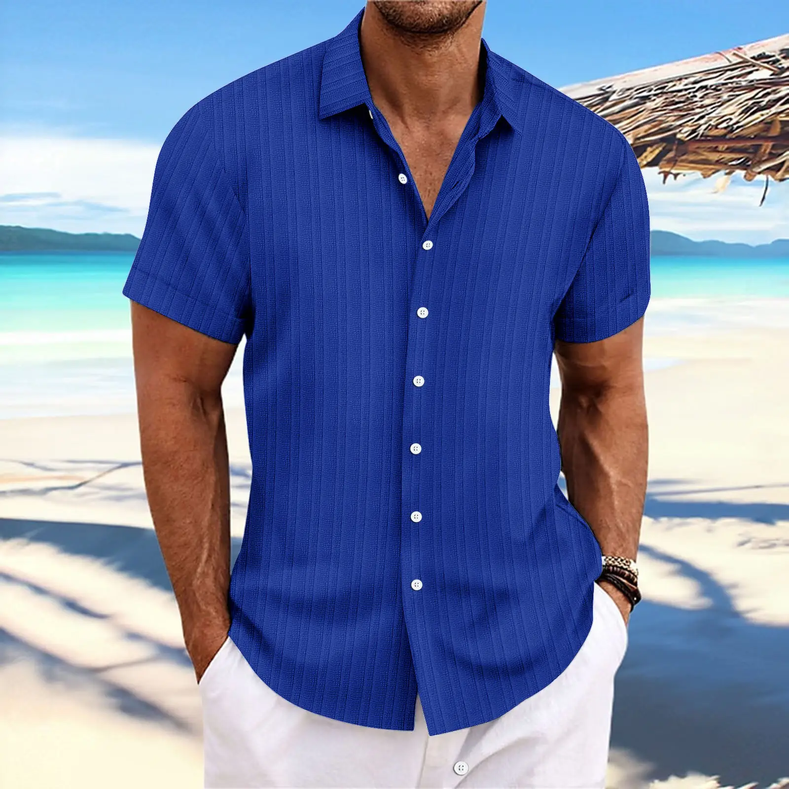 Men Cotton Linen Striped Short Sleeve Shirt Multi Color - Image 17