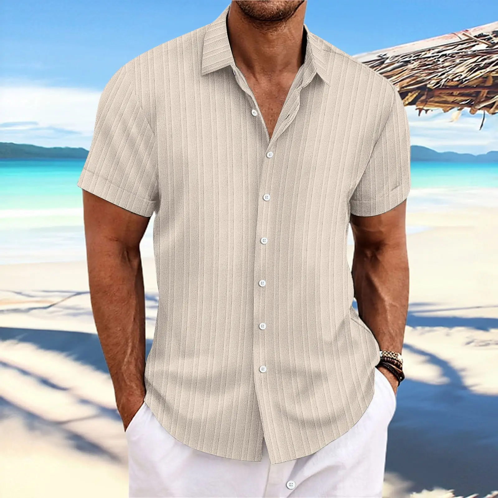 Men Cotton Linen Striped Short Sleeve Shirt Multi Color - Image 18