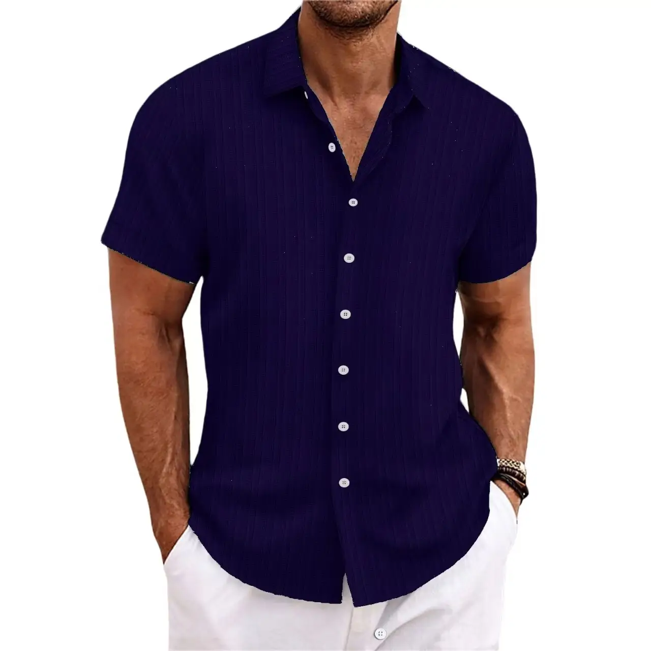 Men Cotton Linen Striped Short Sleeve Shirt Multi Color - Image 11