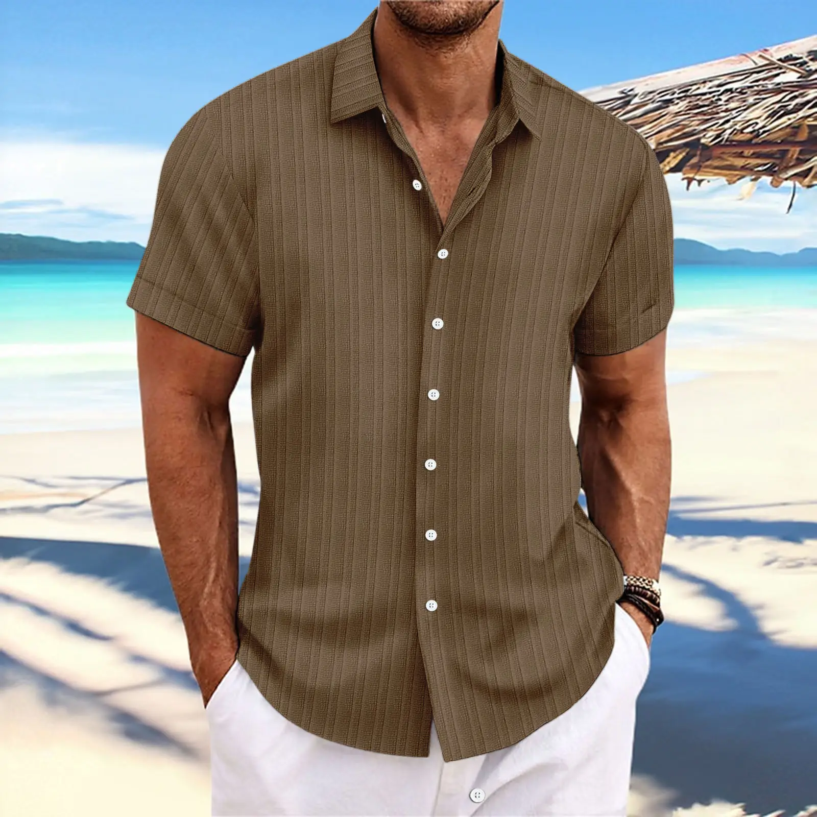Men Cotton Linen Striped Short Sleeve Shirt Multi Color - Image 12