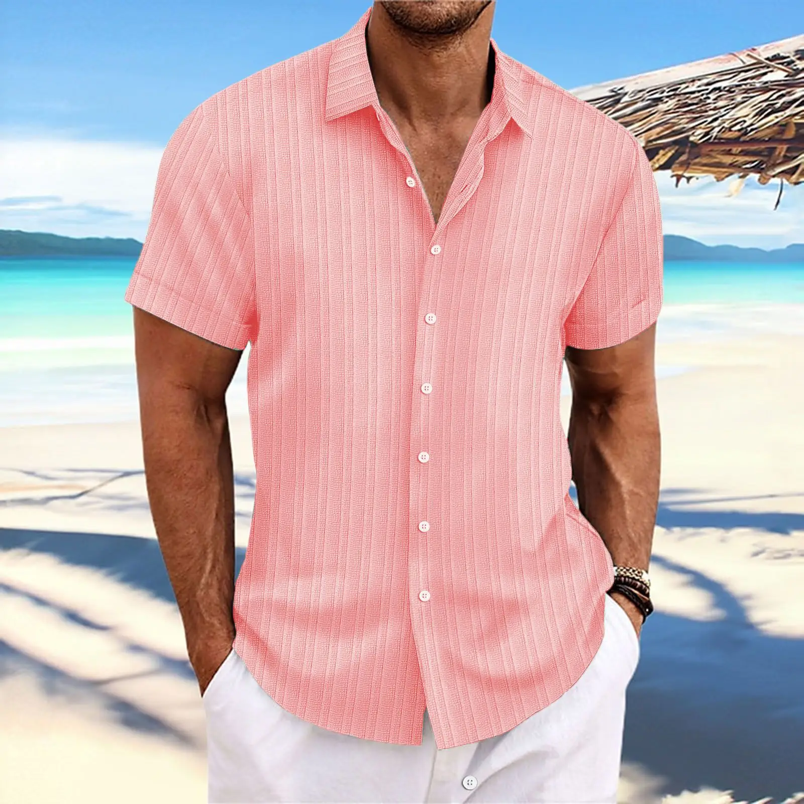 Men Cotton Linen Striped Short Sleeve Shirt Multi Color - Image 14
