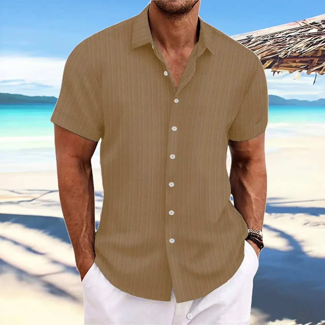 Men Cotton Linen Striped Short Sleeve Shirt Multi Color - Image 15