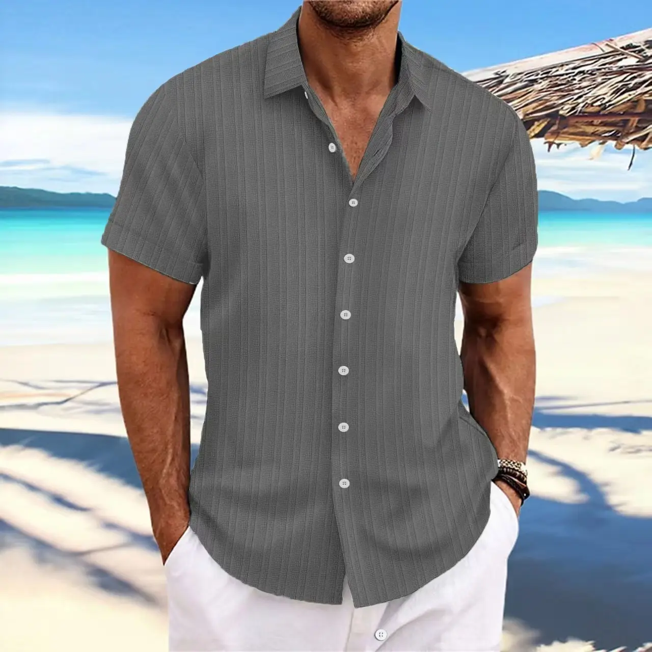 Men Cotton Linen Striped Short Sleeve Shirt Multi Color - Image 2