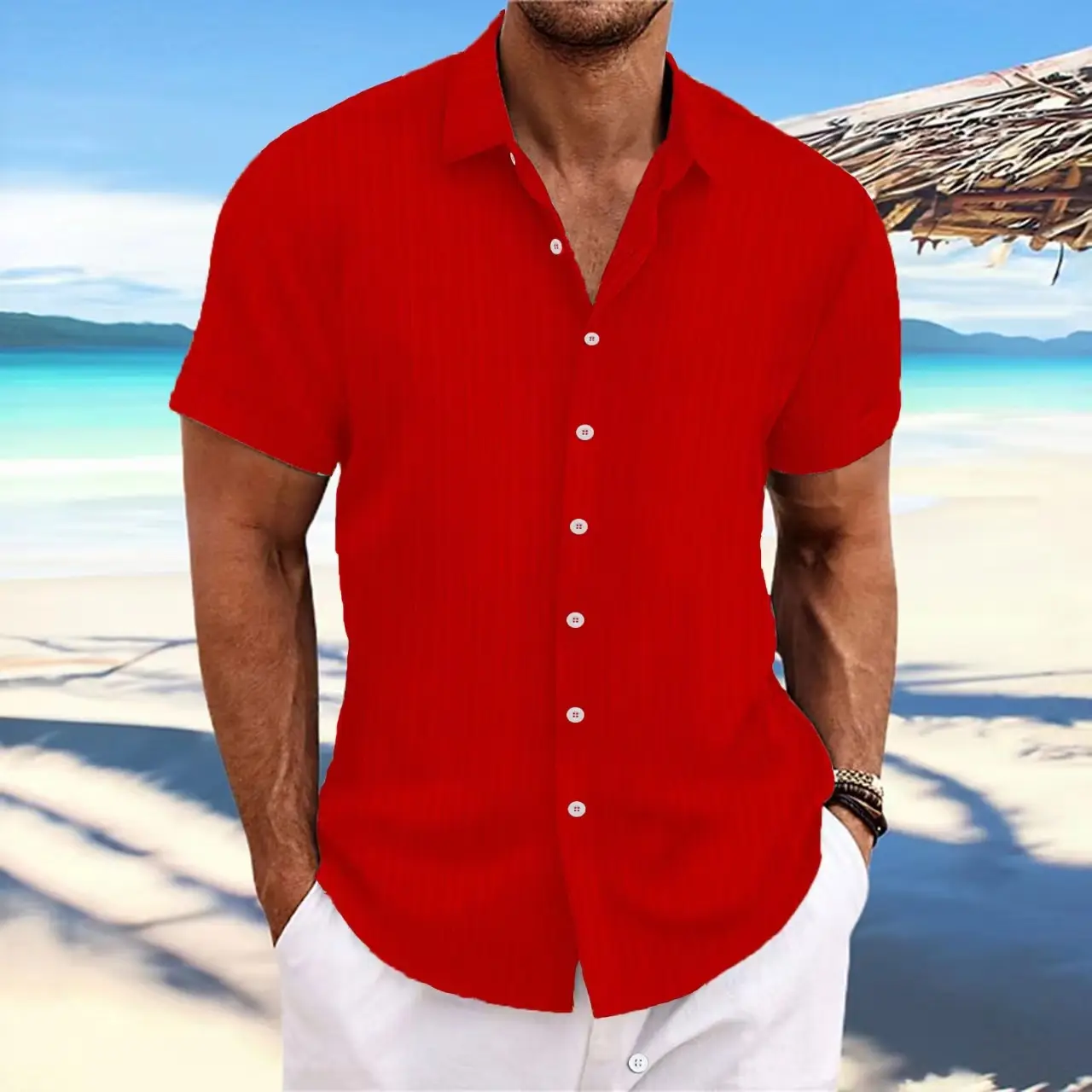Men Cotton Linen Striped Short Sleeve Shirt Multi Color - Image 4