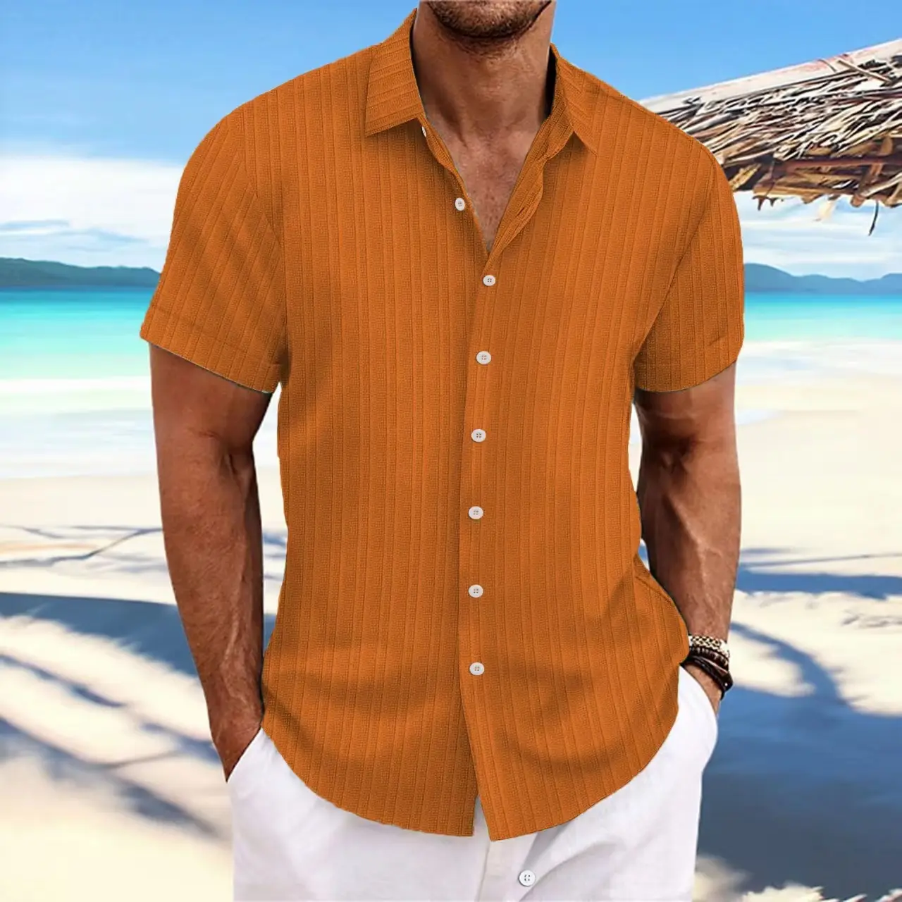 Men Cotton Linen Striped Short Sleeve Shirt Multi Color - Image 5