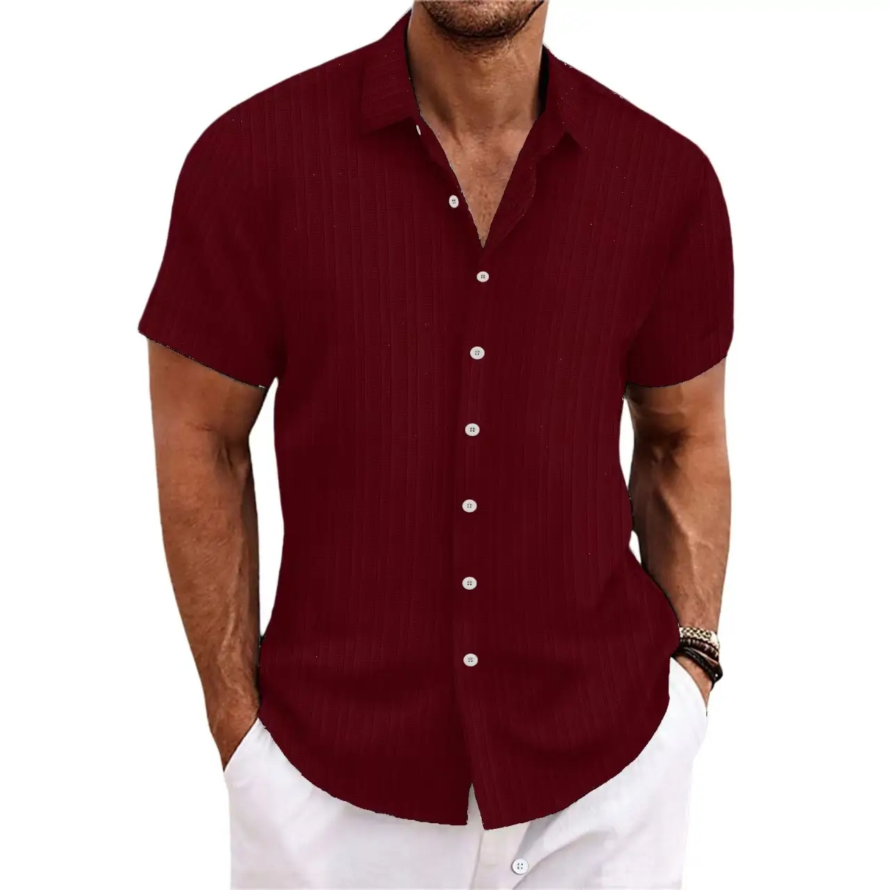 Men Cotton Linen Striped Short Sleeve Shirt Multi Color - Image 6
