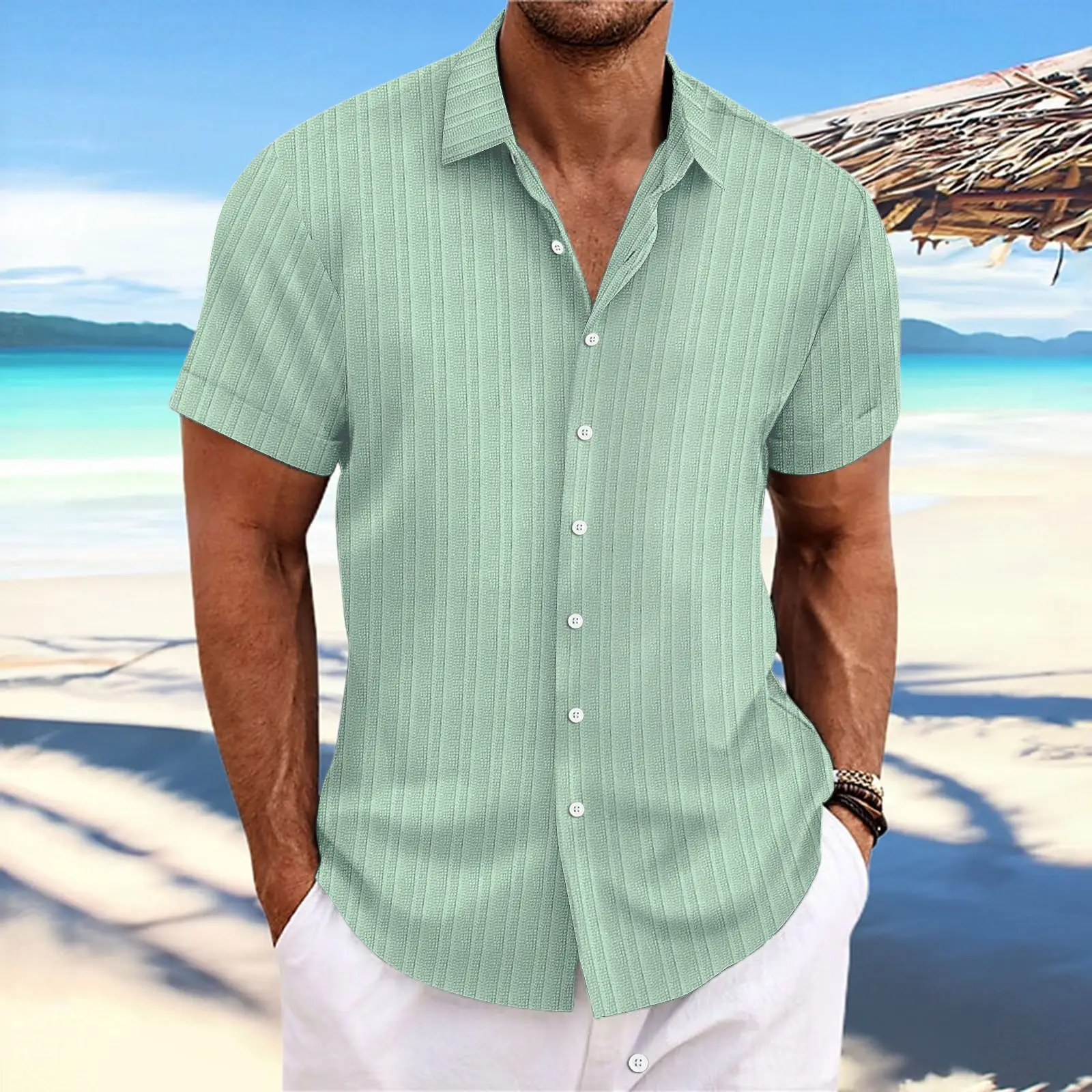 Men Cotton Linen Striped Short Sleeve Shirt Multi Color - Image 7