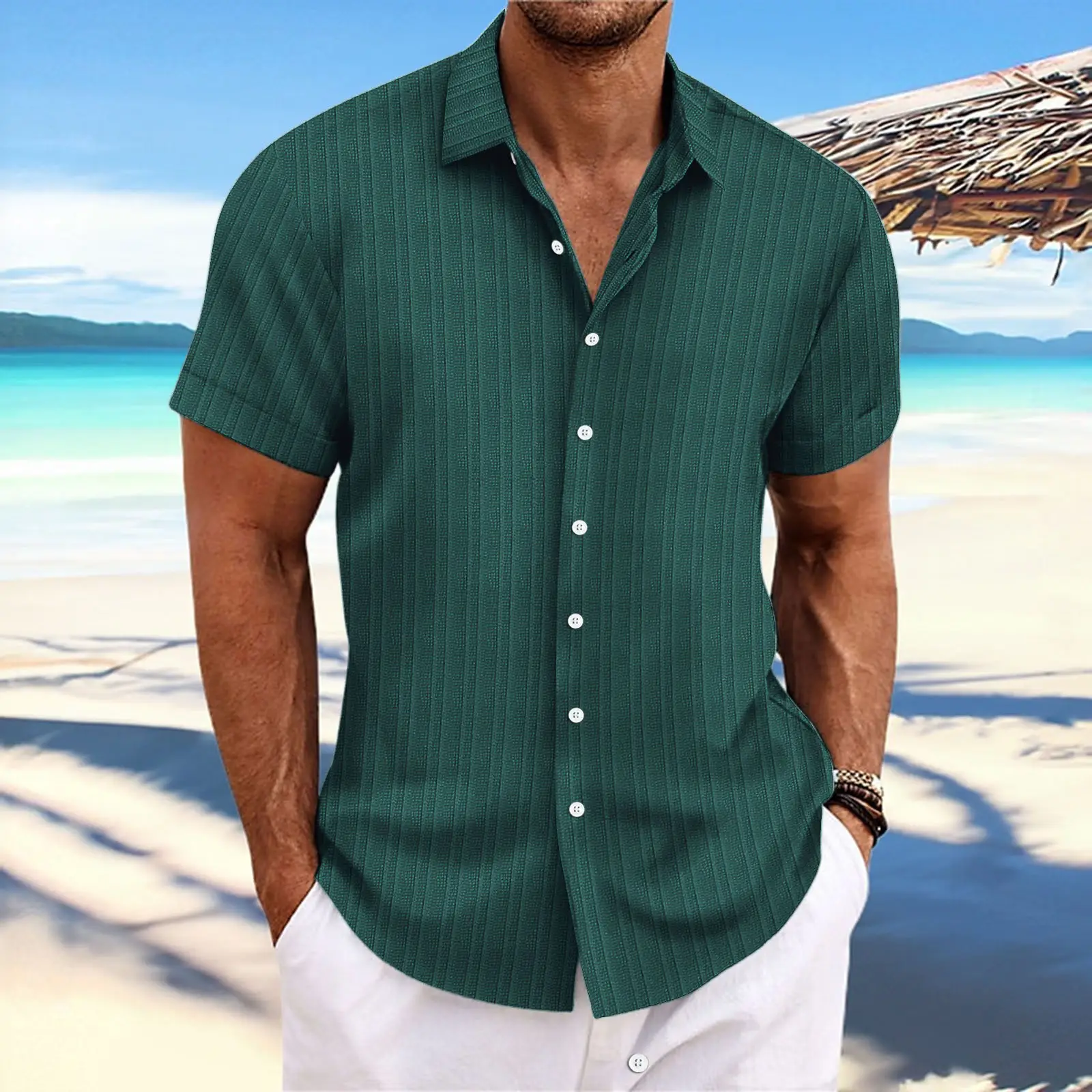 Men Cotton Linen Striped Short Sleeve Shirt Multi Color - Image 8
