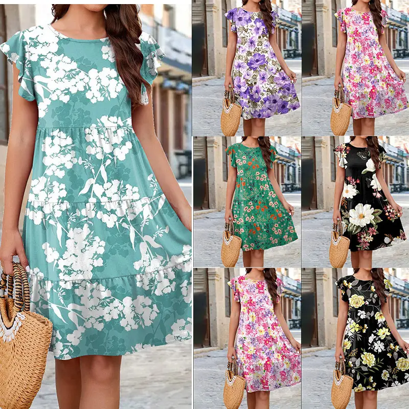 Black Floral Flutter Sleeve Dress for Women