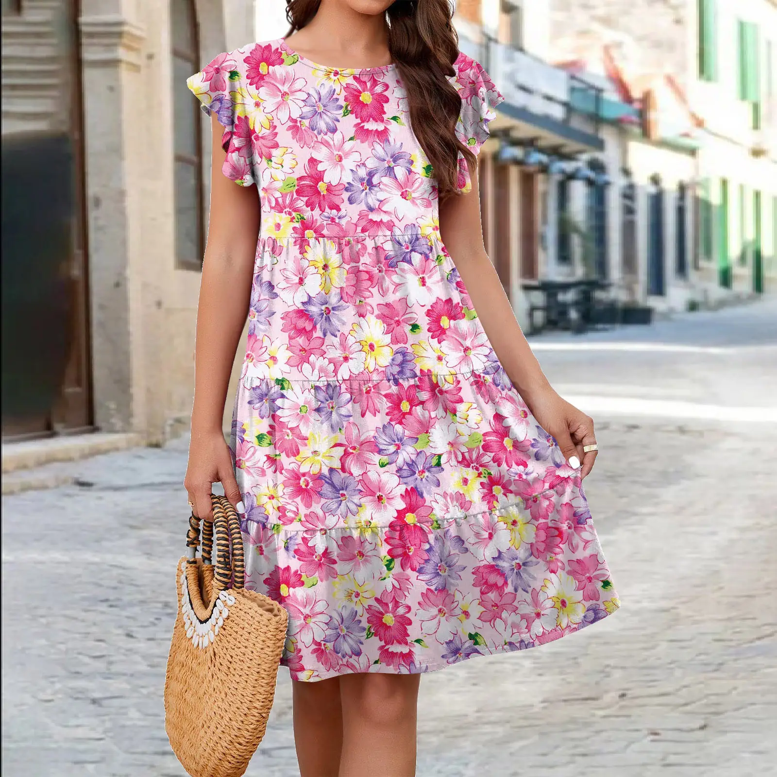 Black Floral Flutter Sleeve Dress for Women