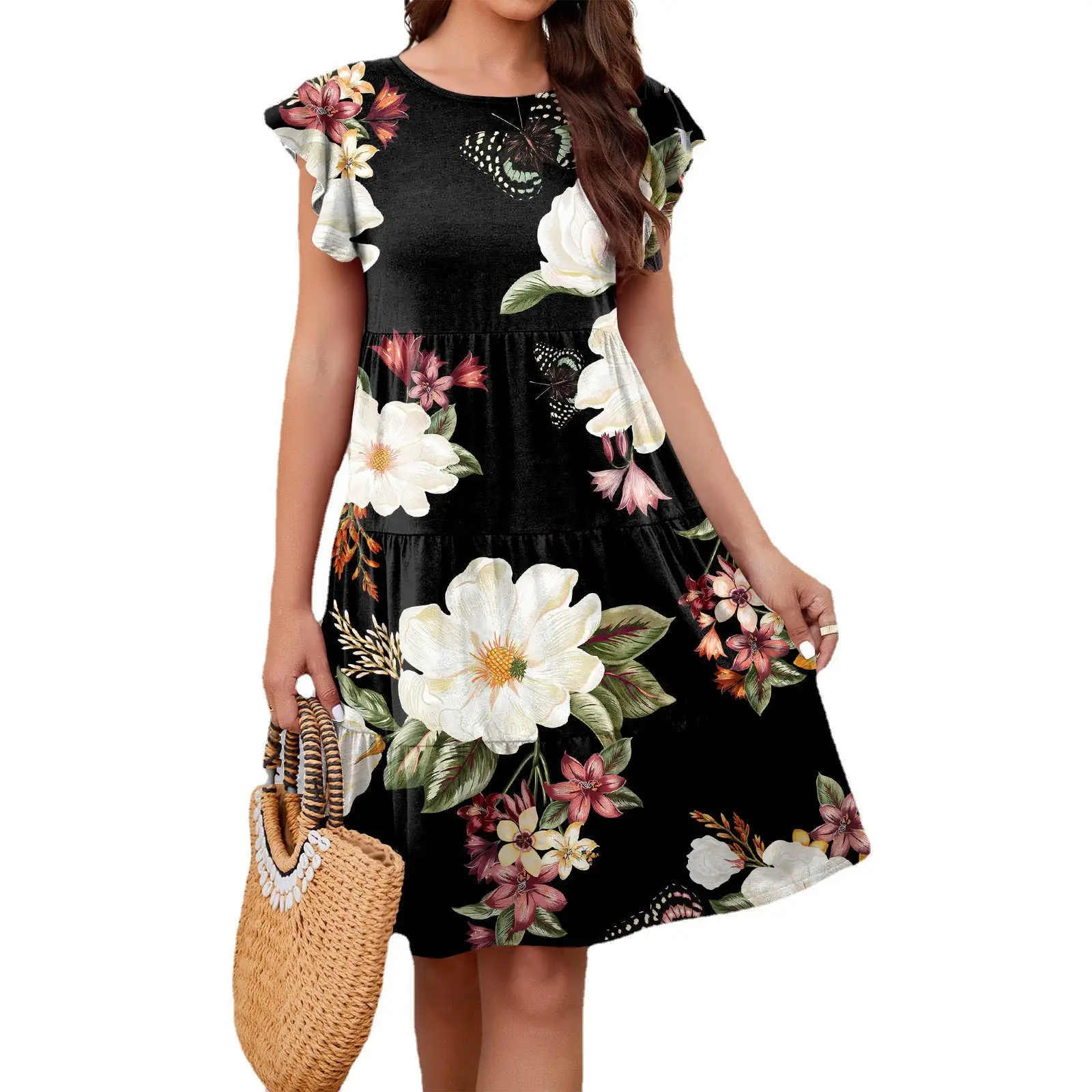 Black Floral Flutter Sleeve Dress for Women