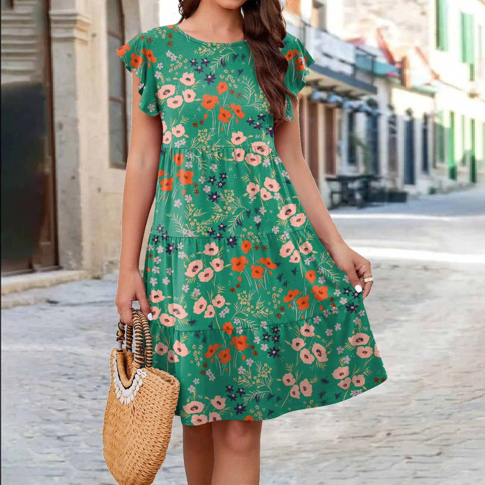 Black Floral Flutter Sleeve Dress for Women