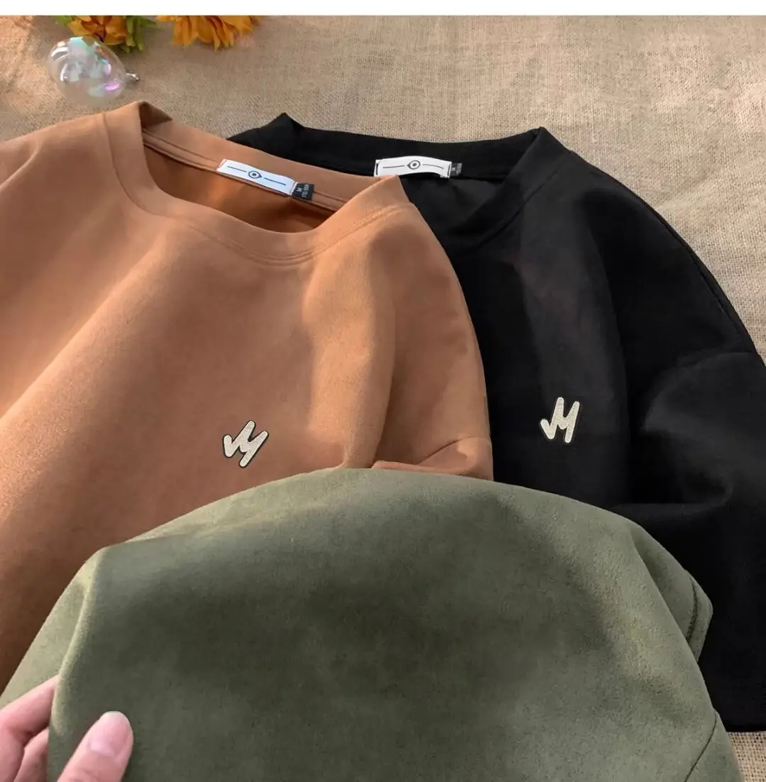 Men Suede T-Shirt Brown Loose Fit Spring Summer — feature 12