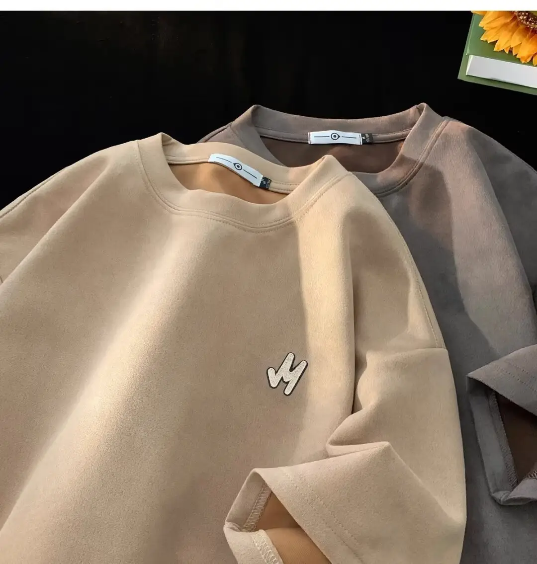Men Suede T-Shirt Brown Loose Fit Spring Summer — feature 13