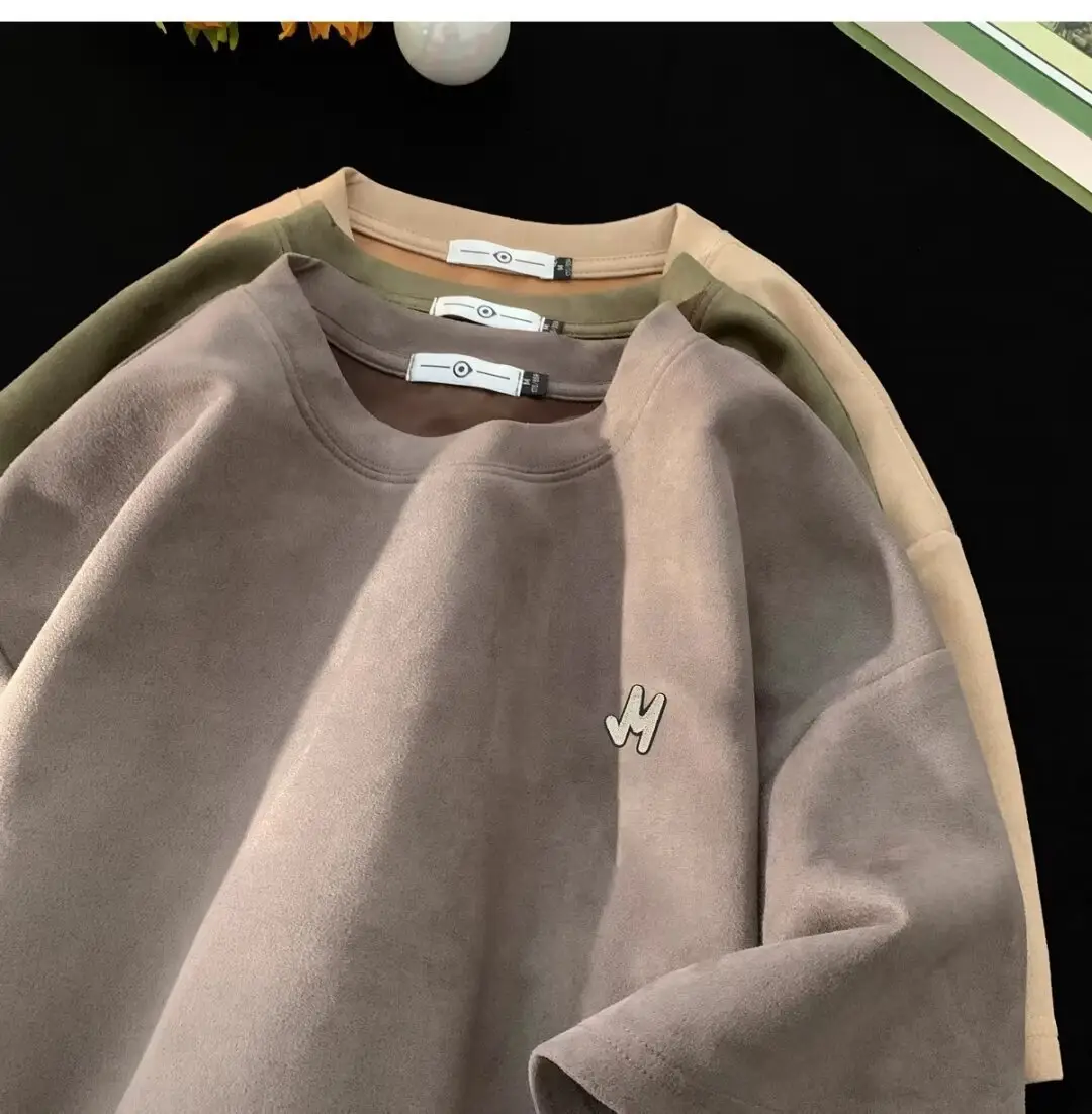 Men Suede T-Shirt Brown Loose Fit Spring Summer — feature 15