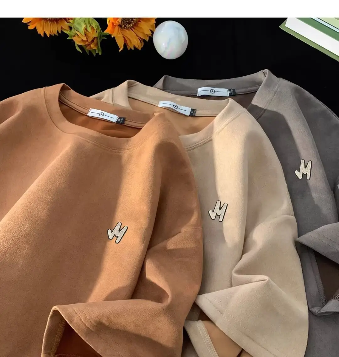 Men Suede T-Shirt Brown Loose Fit Spring Summer — feature 16