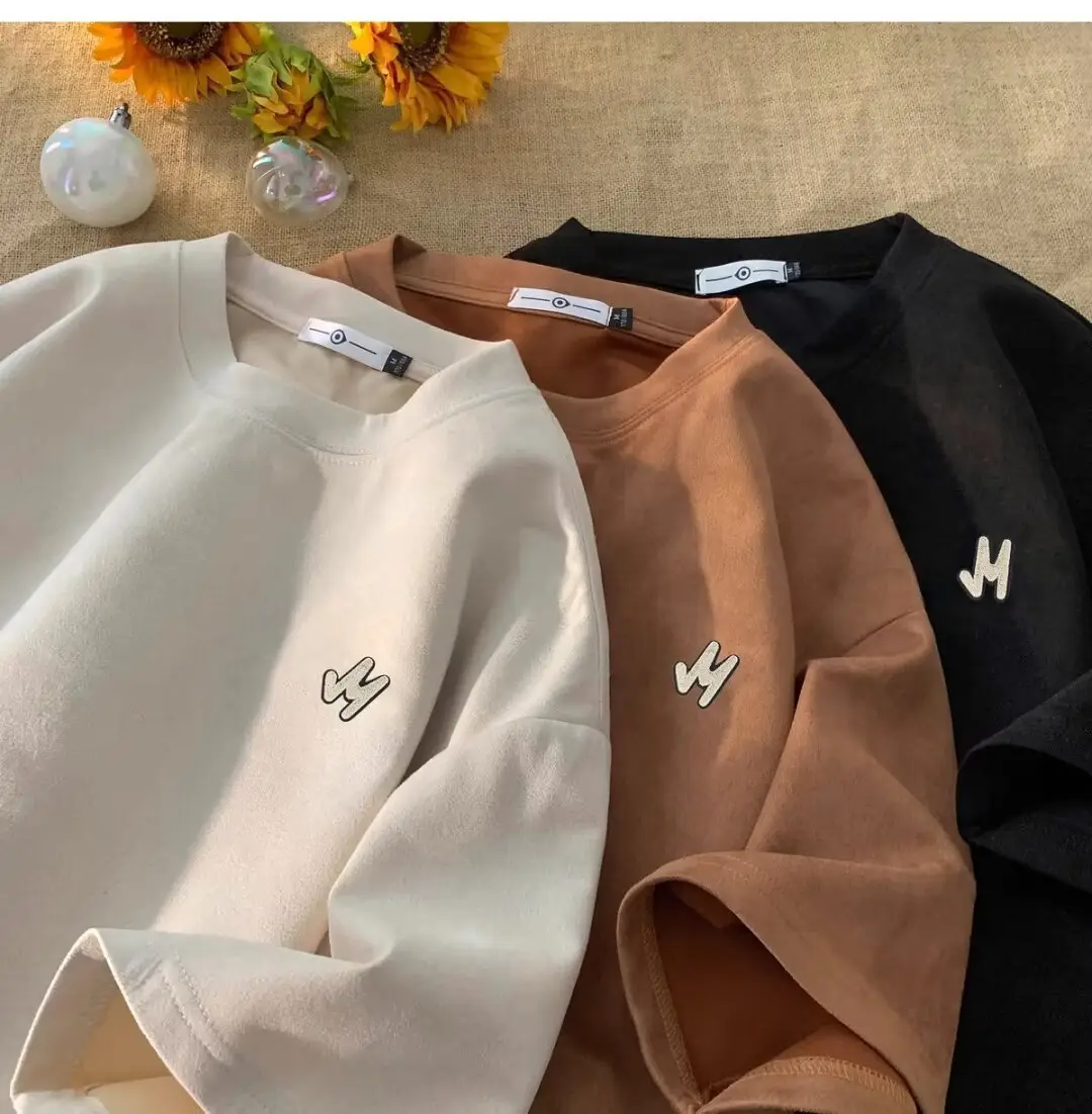 Men Suede T-Shirt Brown Loose Fit Spring Summer — feature 19