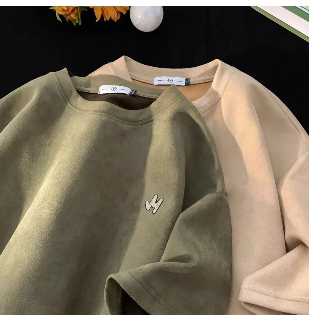 Men Suede T-Shirt Brown Loose Fit Spring Summer — feature 20