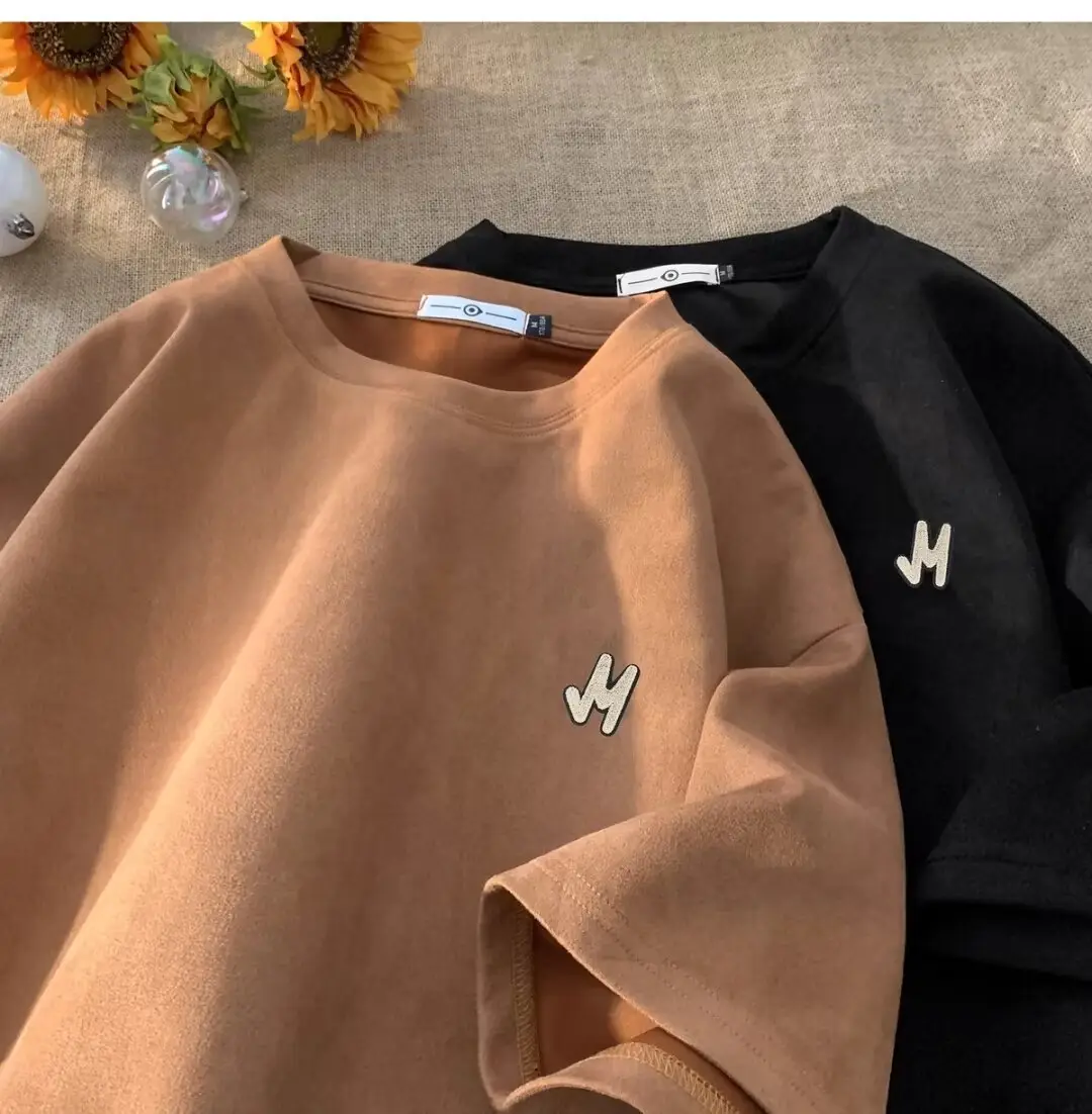 Men Suede T-Shirt Brown Loose Fit Spring Summer — feature 22