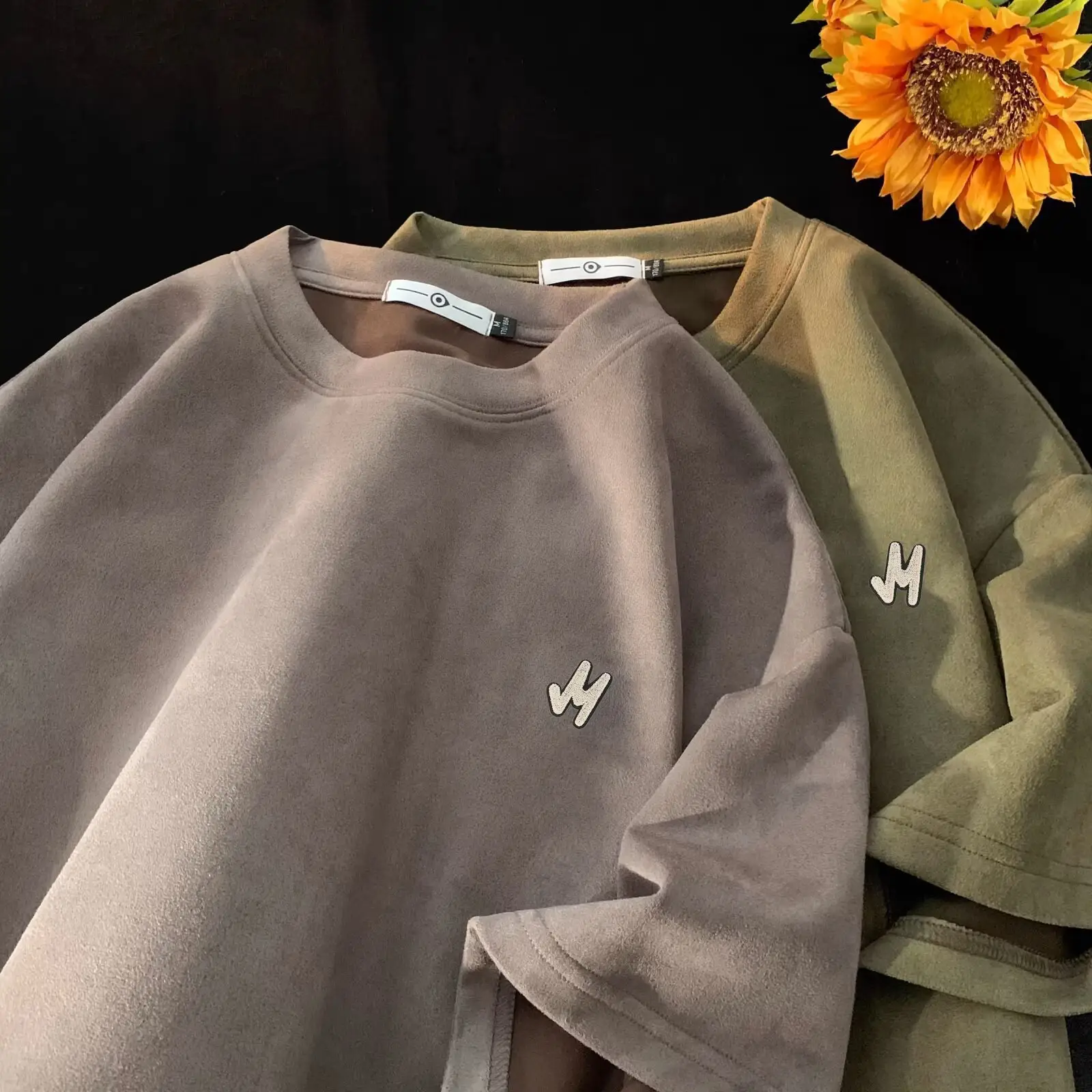 Men Suede T-Shirt Brown Loose Fit Spring Summer — feature 24
