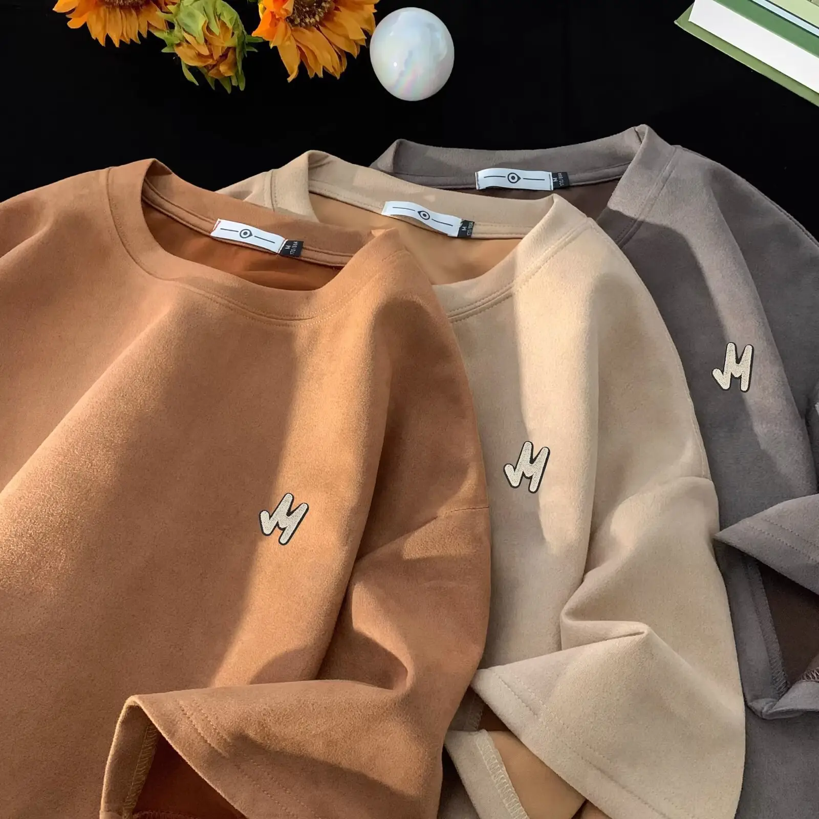 Men Suede T-Shirt Brown Loose Fit Spring Summer — feature 25