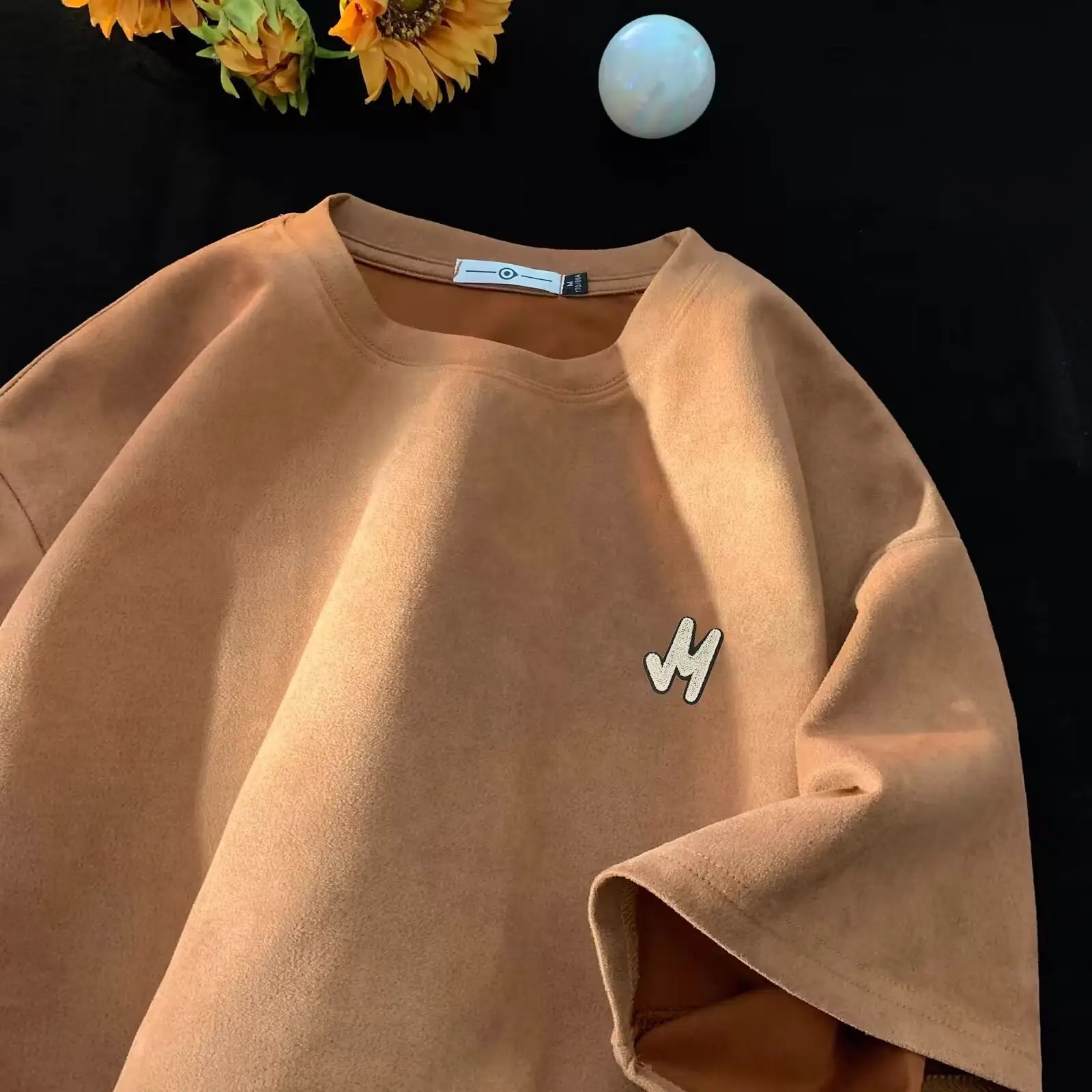 Men Suede T-Shirt Brown Loose Fit Spring Summer — feature 29