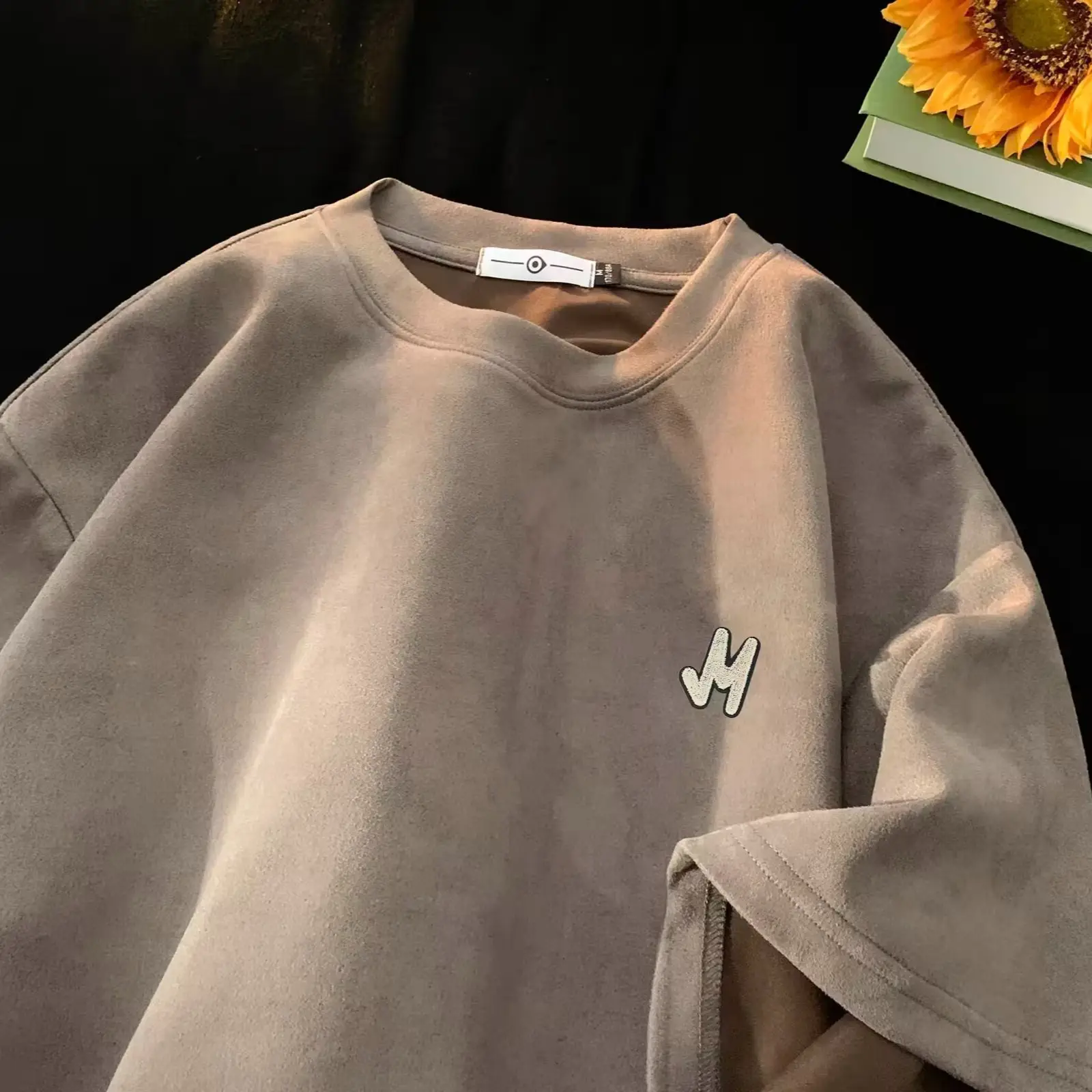 Men Suede T-Shirt Brown Loose Fit Spring Summer — feature 30