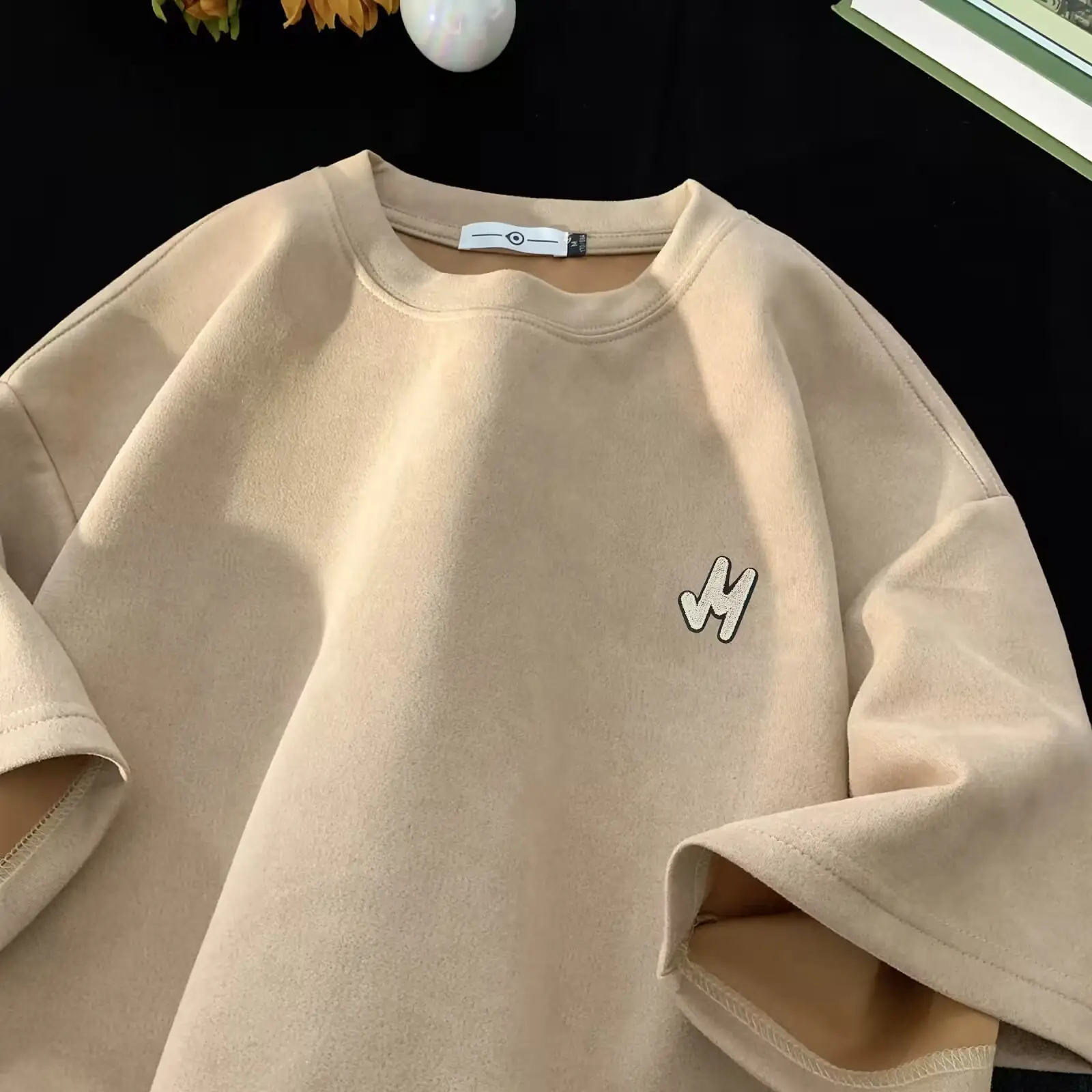 Men Suede T-Shirt Brown Loose Fit Spring Summer — feature 6
