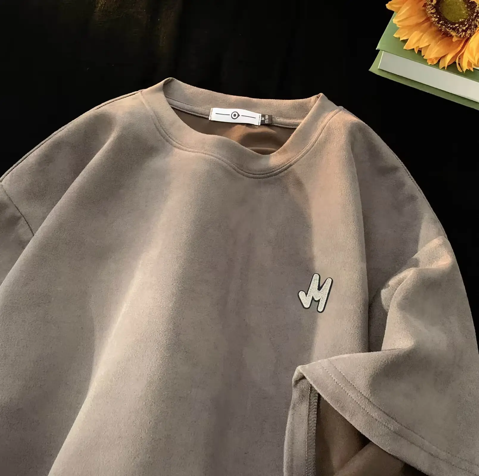 Men Suede T-Shirt Brown Loose Fit Spring Summer — feature 8