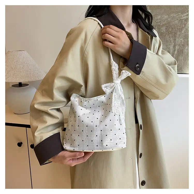 White Polka Dot Women's Shoulder Bag with Bow — feature 6