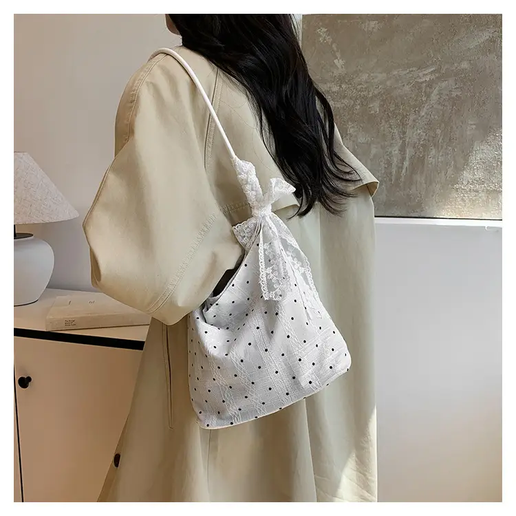 White Polka Dot Women's Shoulder Bag with Bow — feature 7