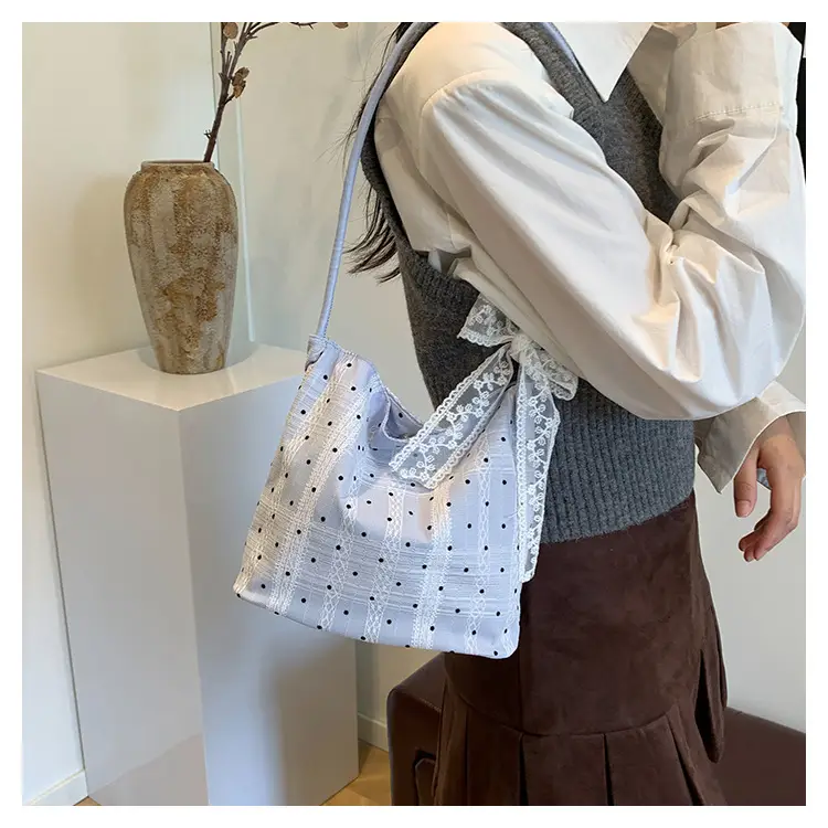 White Polka Dot Women's Shoulder Bag with Bow — feature 9