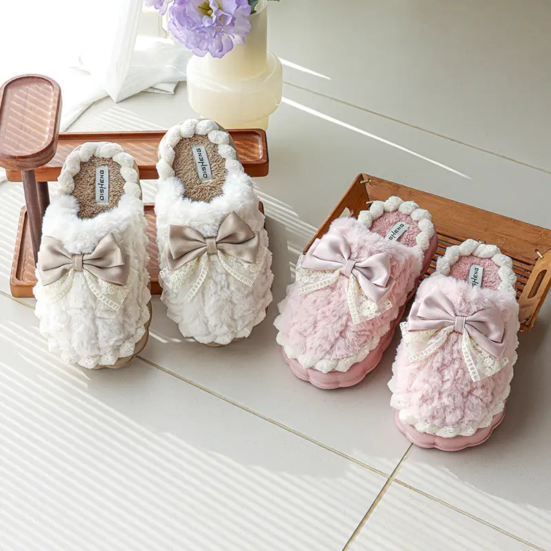 Stomp Feeling Cotton Slippers Home Bow fleece-lined Warm Cotton Slippers Couple Indoor Non-slip Women's All-match Autumn and Winter - Image 5