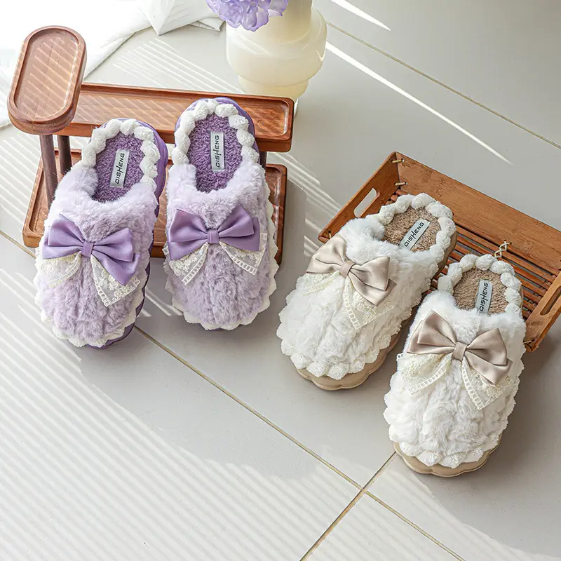 Stomp Feeling Cotton Slippers Home Bow fleece-lined Warm Cotton Slippers Couple Indoor Non-slip Women's All-match Autumn and Winter — feature 5