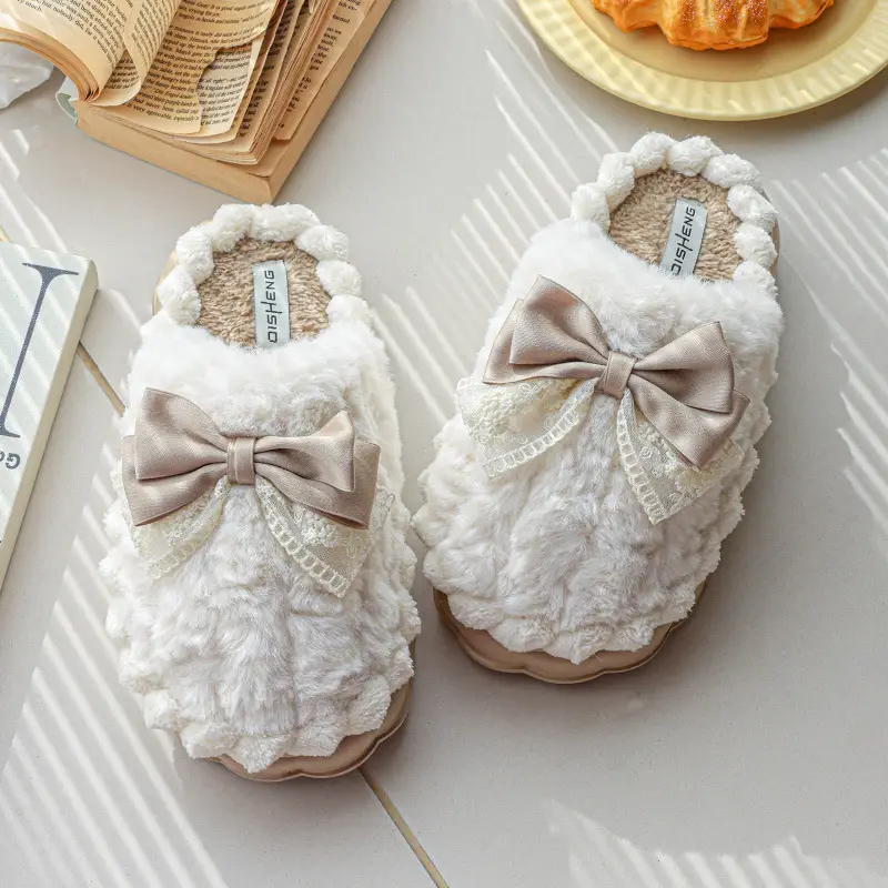 Stomp Feeling Cotton Slippers Home Bow fleece-lined Warm Cotton Slippers Couple Indoor Non-slip Women's All-match Autumn and Winter — feature 6