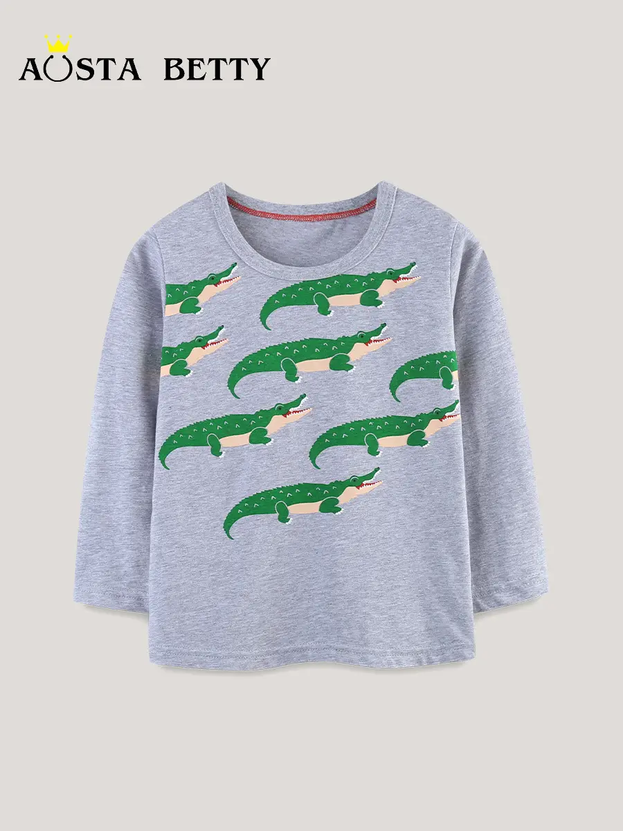 Boy's Long Sleeve Dinosaur Printed T-Shirt Grey Knitted Cotton - Image 2