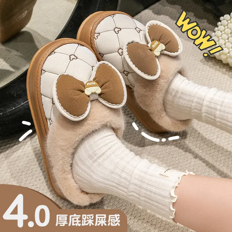 Bow Winter Cotton Slippers Women's Autumn and Winter Couple's Indoor Home Thickened Soft Bottom Fur Plush Slippers Men's - Image 5
