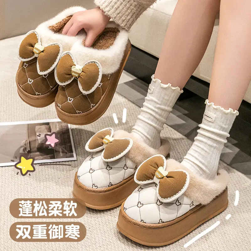 Bow Winter Cotton Slippers Women's Autumn and Winter Couple's Indoor Home Thickened Soft Bottom Fur Plush Slippers Men's - Image 6