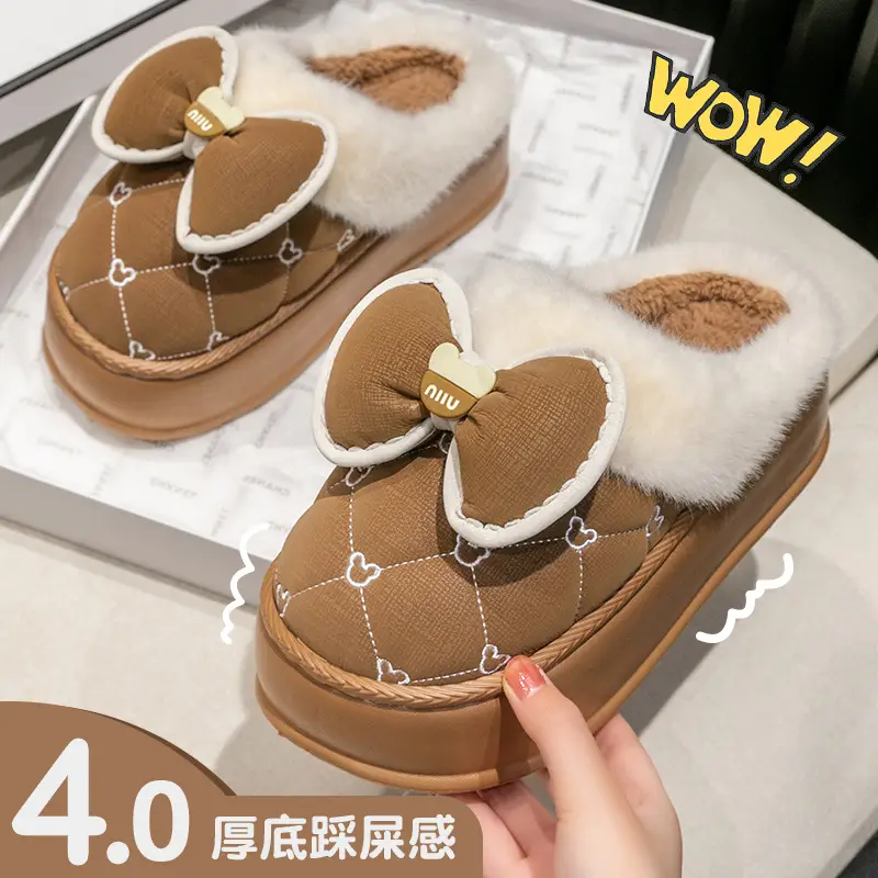 Bow Winter Cotton Slippers Women's Autumn and Winter Couple's Indoor Home Thickened Soft Bottom Fur Plush Slippers Men's - Image 8