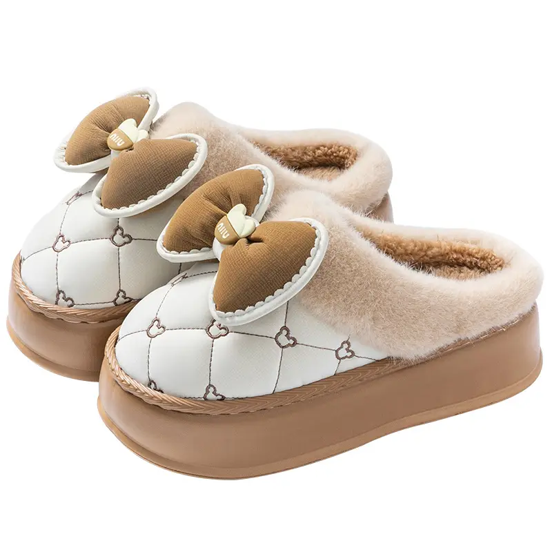 Bow Winter Cotton Slippers Women's Autumn and Winter Couple's Indoor Home Thickened Soft Bottom Fur Plush Slippers Men's - Image 9