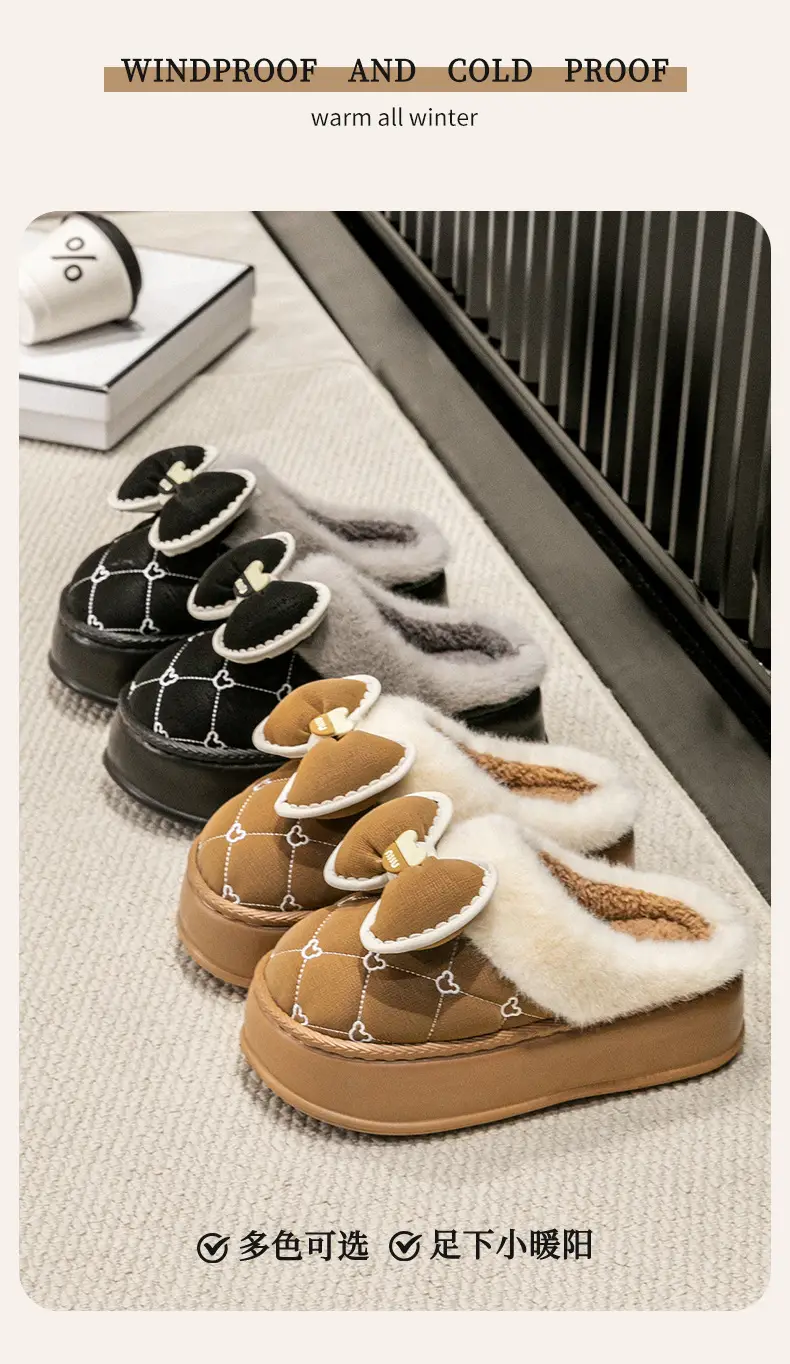 Bow Winter Cotton Slippers Women's Autumn and Winter Couple's Indoor Home Thickened Soft Bottom Fur Plush Slippers Men's — feature 10