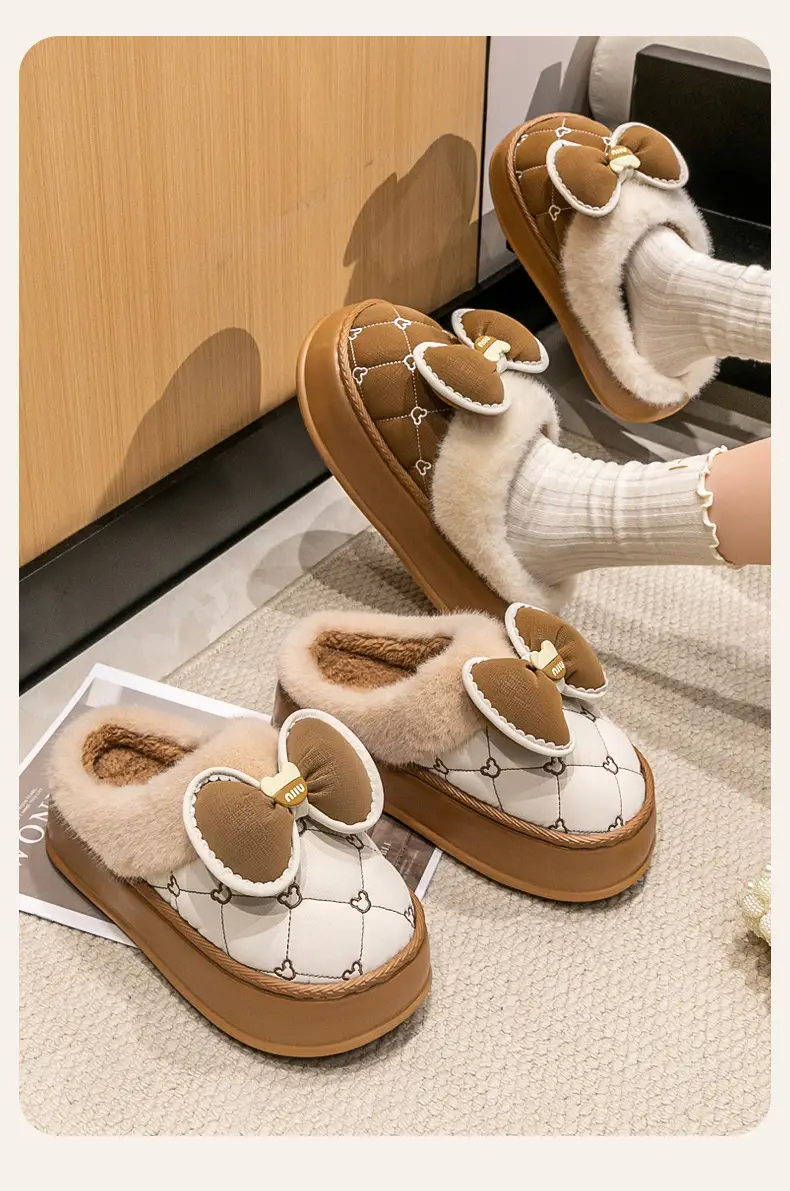 Bow Winter Cotton Slippers Women's Autumn and Winter Couple's Indoor Home Thickened Soft Bottom Fur Plush Slippers Men's — feature 12