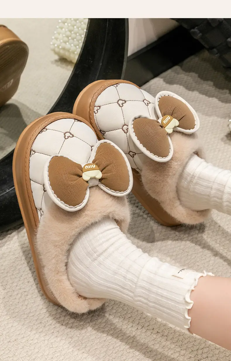 Bow Winter Cotton Slippers Women's Autumn and Winter Couple's Indoor Home Thickened Soft Bottom Fur Plush Slippers Men's — feature 13