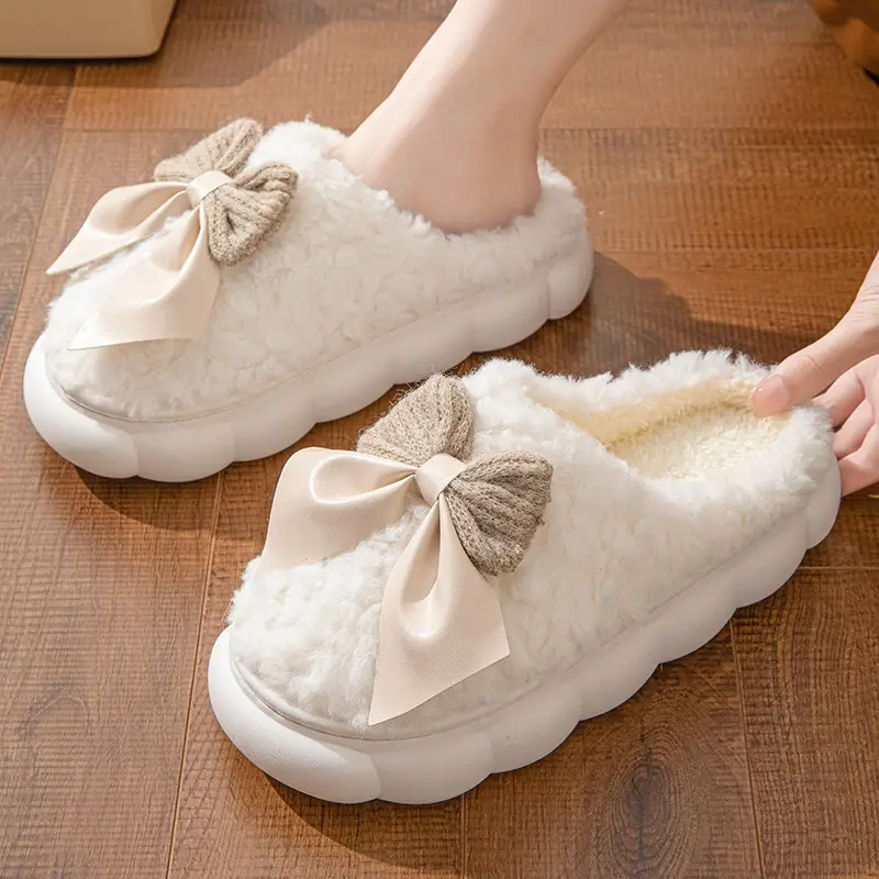Bow Winter Cotton Slippers Women's Autumn and Winter Couple's Indoor Home Thickened Soft Bottom Fur Plush Slippers Men's - Image 2